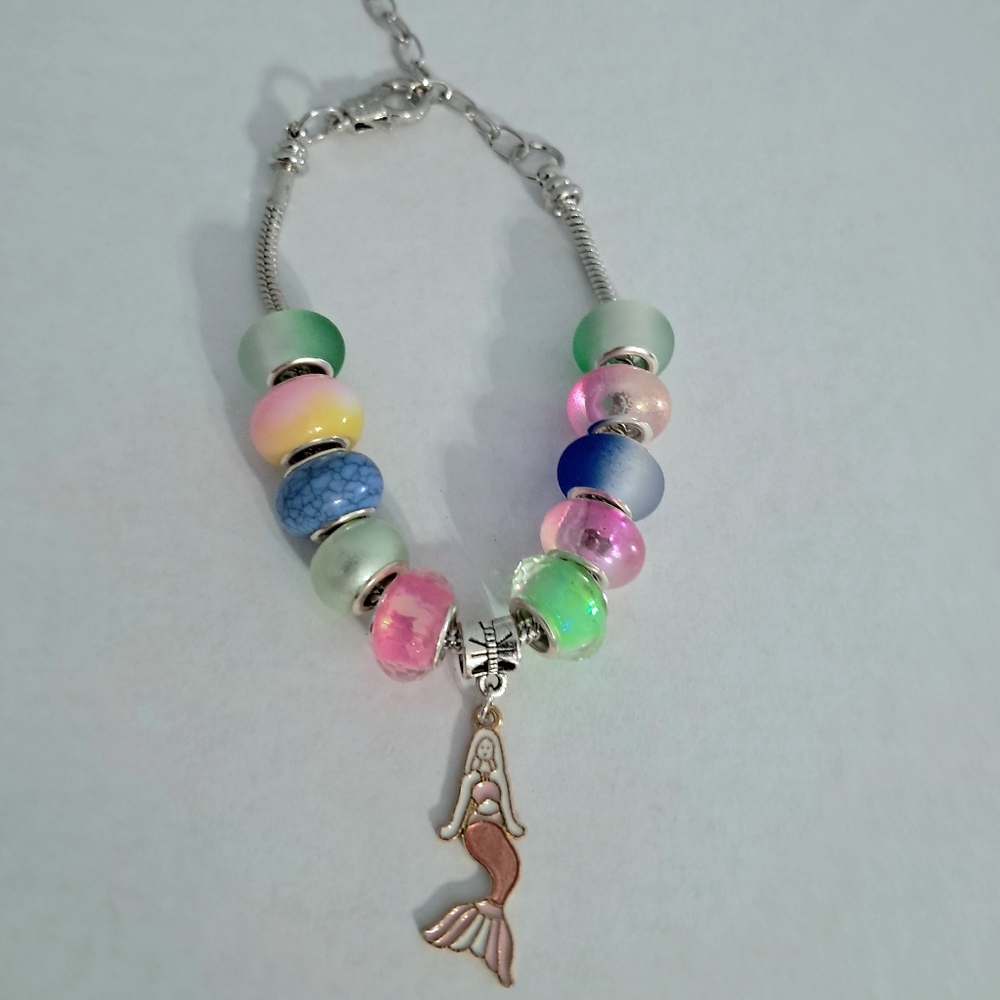 Mermaid Charm Bracelet Colorful Glass Beads Snake Chain Handcrafted New Beachy